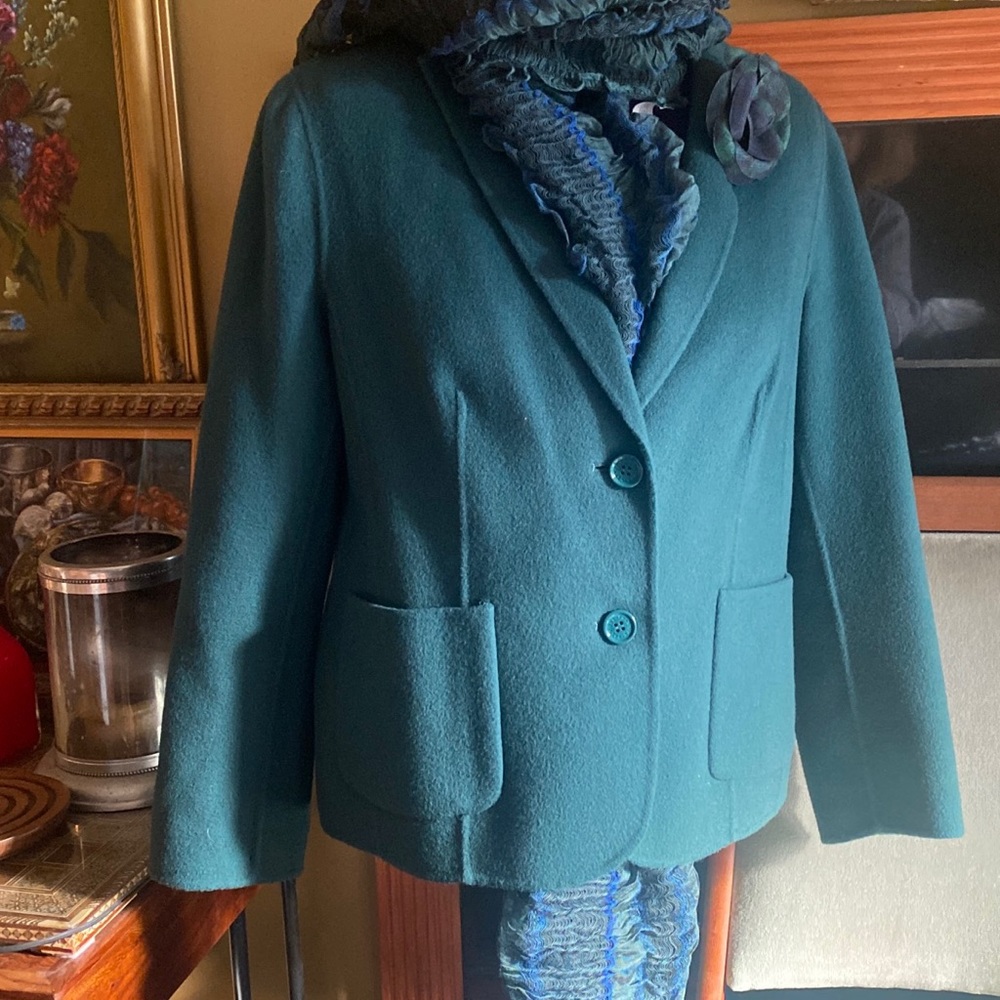 $256 Talbots 90%Wool Forest Dark Green Two Button Jacket Blazer Sz 14p Pockets